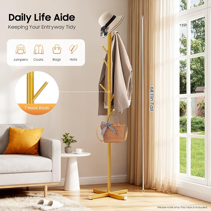 Metal Coat Rack Stand, Modern Coat Rack Freestanding with 7 Hooks, Coat Racks Easy to Assemble, Coat Tree Stand for Bags, Hats, Entryway, Office (Golden)