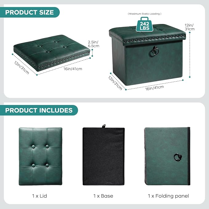 oakvivo Small 16 x 12 x12 Inches Folding Storage Ottoman, Faux Leather Foot Rest Stool with Rivet Design, Ottoman with Storage Vanity Stool Coffee Table for Living Room, Bedroom, Load 242 lbs, Green