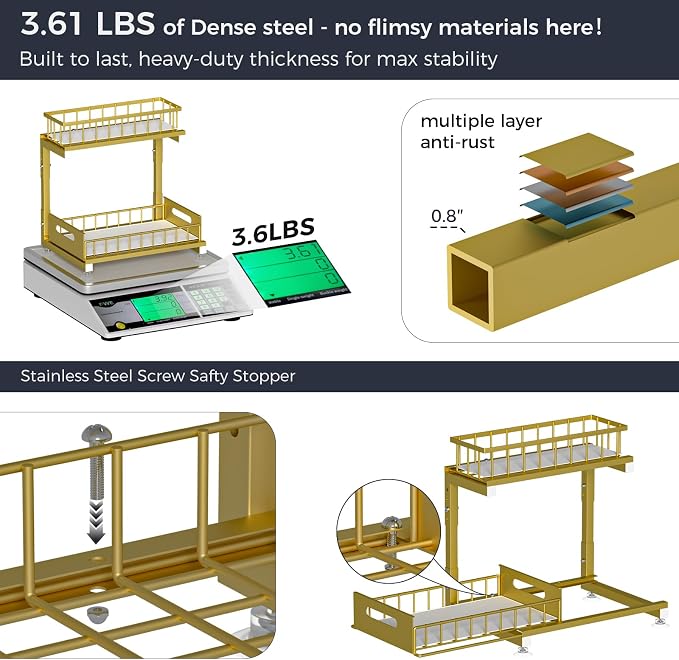 L-Shaped Under Sink Organizer, 2-Tier Pull-out Cabinet Rack 1-Pack | Gold Height-Adjustable Metal Rack, Sliding Grid Drawers with Safety Stopper, Holds 100 Lbs, Ideal Kitchen Cabinet Storage