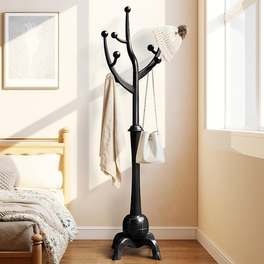 Bekrvio Black Freestanding Wood Coat Rack with 8 Hooks | Tree branch Design, Stable Sphere Base for Entryway, Hallway, Bedroom, Office, Apartment, Foyer; Hangs Coats, Hats, Bags