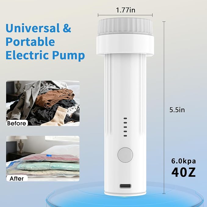 CC Store Travel Electric Vacuum Pump for Vacuum Storage Bags | Travel Air Pump with USB-C Charging , Portable Vacuum Sealer for Clothes , Blankets and Bedding (Bags Not Included)