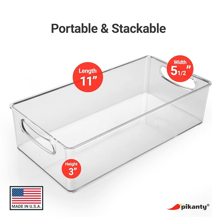 Pikanty Clear Refrigerator Organizer Bin with Handles — 11 Inch Compact Stackable Fridge and Pantry Storage Container for Snacks, Yogurt, Condiments, Dishwasher Safe, Made in USA