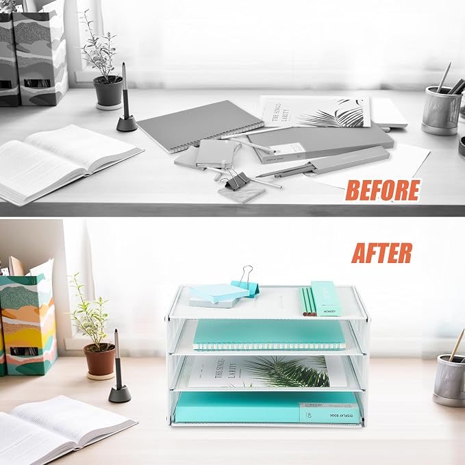 3 Tier Mesh Desk Organizer Tray, Desktop Mail File Paper Letter Folder Holder Sorter Organization Rack Storage Accessories for Office Home School Classroom, White