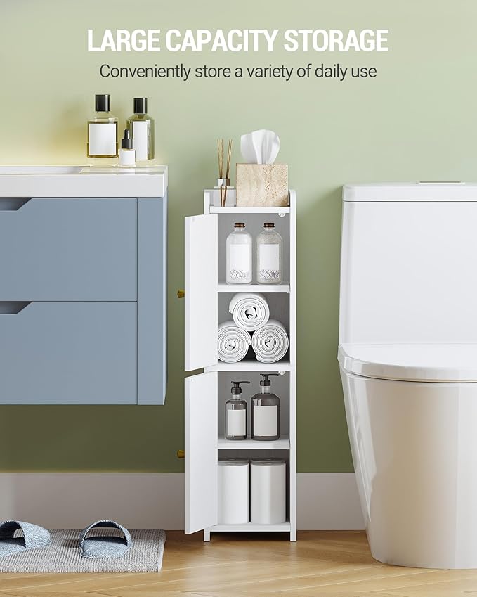 Hzuaneri Bathroom Storage Cabinet, Small Corner Floor Cabinet with 2 Doors | Narrow Toilet Paper Cabinets with Adjustable Shelf, Bathroom Organizer for Small Spaces, 7.9" D x 7.9" W x 29.5" H White