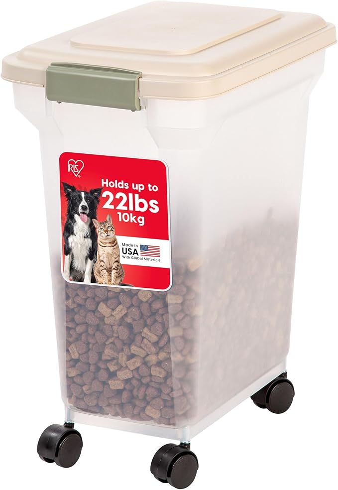 IRIS USA Dog Food Storage Container, Up to 22 lbs, Almond, Made in USA | Wheels for Mobility, Airtight Seal, BPA-Free, Best for Cat Food, Bird Seed, Chicken Feed, Pet Toys, Treats, Pellets