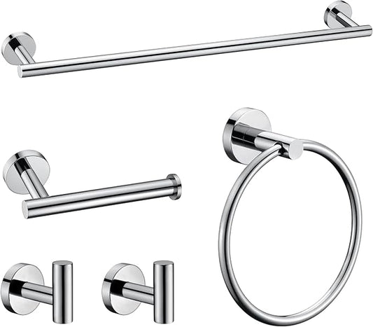 5 Pieces Polished Chrome Bathroom Hardware Accessories Set, SUS304 Stainless Steel 24 Inch Bath Towel Bar Set, Round Bathroom Towel Holder Set, Towel Racks for Bathroom Wall Mounted