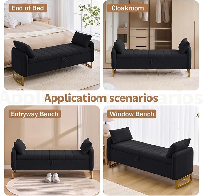66" End of Bed Bench King Size, Teddy Boucle Storage Bench for Bedroom Foot of Bed, Storage Ottoman Bench with Golden Legs and Pillows for Living Room Window Entryway, Black