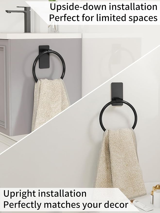 STWWO Hand Towel Holder for Bathroom, Adhesive Round Towel Ring, Black | for Bath RV Kitchen, Self Adhesive No Drill Hole, Easy to Install