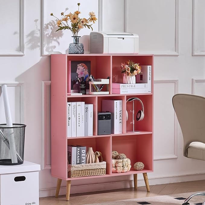 LEYAOYAO Cube Bookshelf, Mid-Century Modern Book Shelf with Legs,Light Pink | 3 Tier Bookcase, Rustic Wood Bookshelves Freestanding Small Storage Organizer, Open Shelves for Bedroom, Living Room, Office