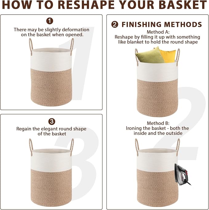 OIAHOMY Large Laundry Basket Hamper - 80L Cotton Rope Woven Basket for Blankets, Toys, Clothes - Tall Decorative Nursery Hamper with Long Handles, Brown/White