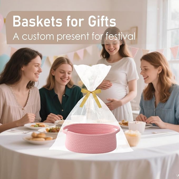 JMvicyroam Small Woven Basket, Empty Gift Basket, Pink/3 Pack | Small Gift Basket, Cotton Rope, 12 x 8 x 44 in, Handles, Includes Ribbon and Bag, Birthday Gift Basket