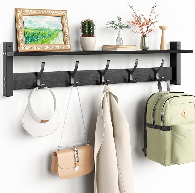 Optish Coat Rack Wall Mount with Shelf, 29 Inch Coat Hanger Walls Mounted, Hat Rack for Walls, Shelf with 5 Coat Hooks, Wall Hanger for Entryway (Black)