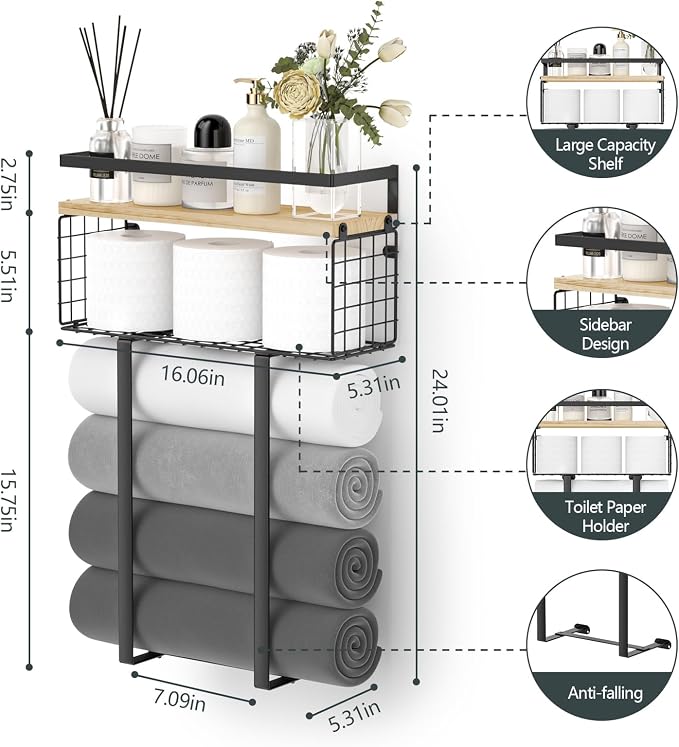 Xstydes Towel Racks for Bathroom, Metal Towel Holder with Storage Basket,Wall Towel Rack for Rolled Towels, Towel Storage for Small Bathroom.