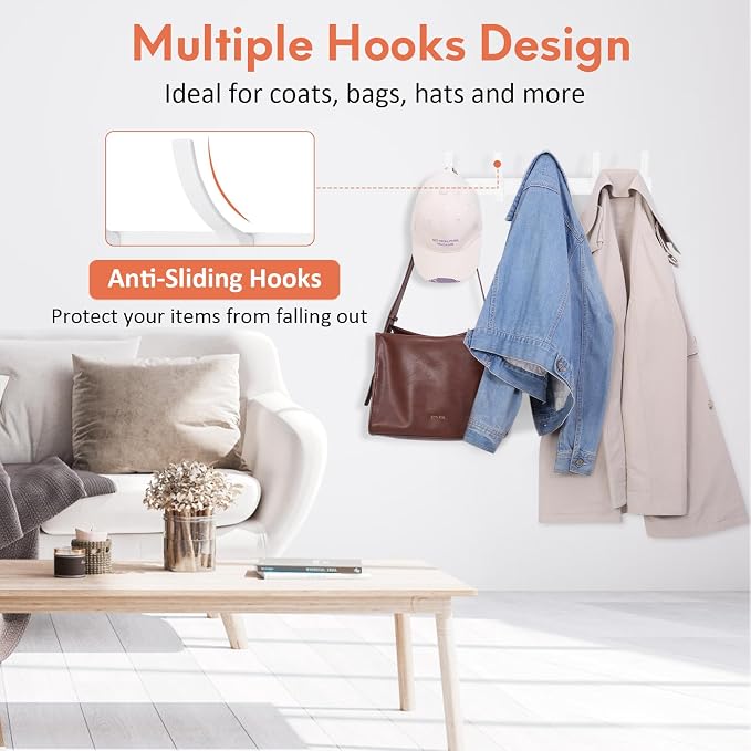 Optish Coat Rack Wall Mount, Coat Hook Wall Mount, Wall Hooks for Hanging, Hat Rack for Walls, Coats Hanger with 10 Hook, Towel Hooks for Bathrooms (1 Pack, White)
