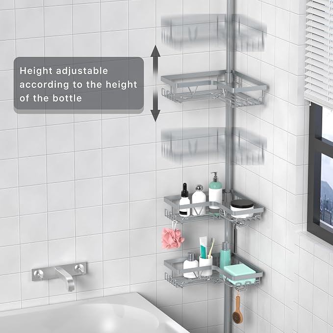 KEGII Shower Caddy Tension Pole, Bathtub Organizer, Light Gray | Adjustable 25-114.2 inch Pole with 28 Hooks, Rustproof Storage Solution for Renters and Modern Bathrooms
