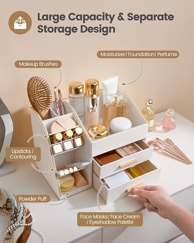 Lolalet Makeup Organizer Countertop with Drawers, Easy to Clean PU Leather Storage Box, 3-Layer Cosmetic Holder for Skincare, Lipstick, Perfume & Brush, Display Case for Vanity Dresser Bathroom -Cream