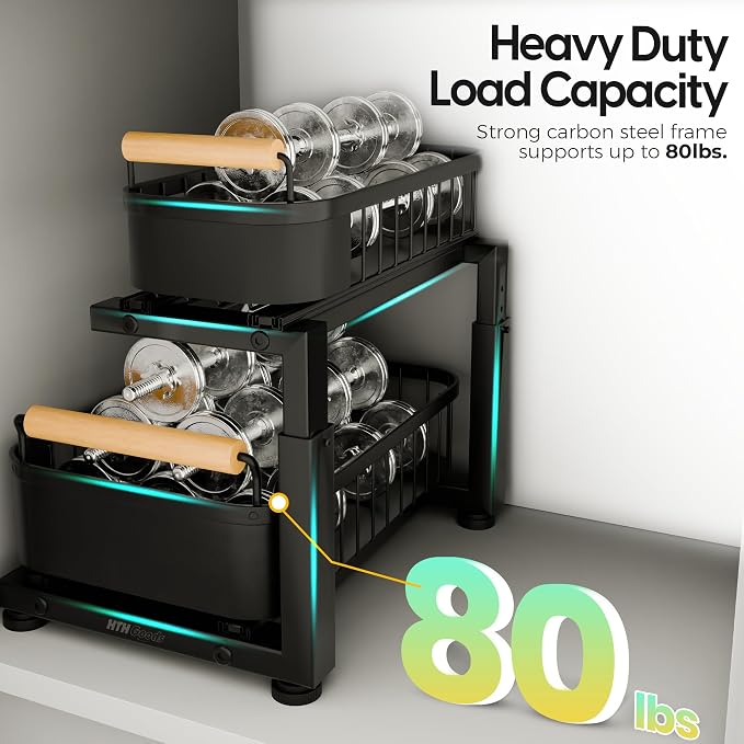 Premium Large Under Sink Organizer, 2-Tier Pull Out, Adjustable | Heavy-duty carbon steel, 7 adjustable heights and smooth ball-bearing sliding baskets for kitchen and bathroom cabinets