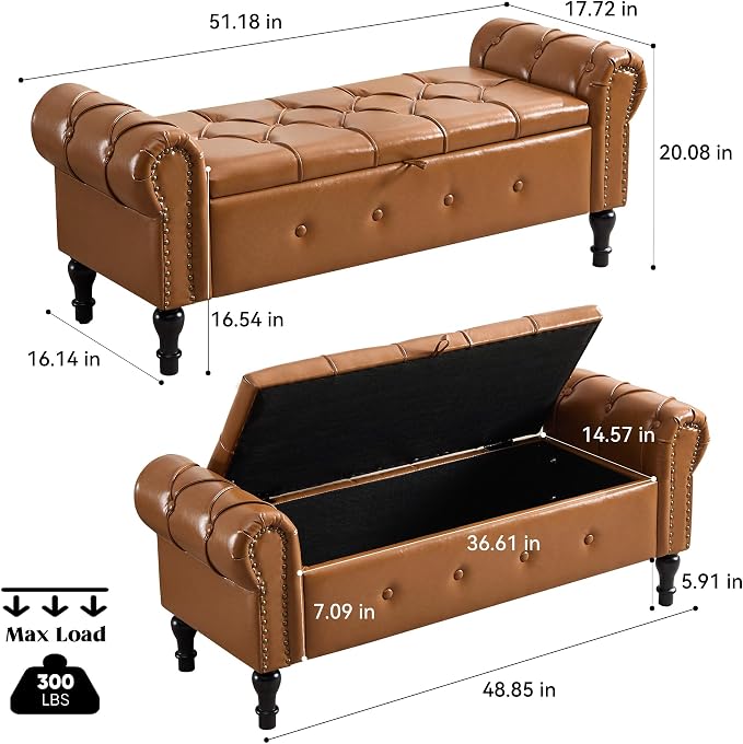 Storage Bench 51" Faux Leather End of Bed Benches Brown | Queen Size Storage Bench for Bedroom with Rolled Arms Tufted Ottoman Benches Upholstered Bench for Living Room Entryway
