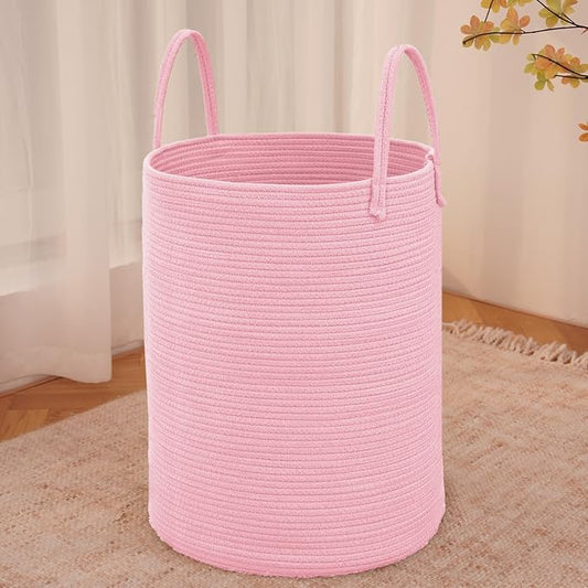 JMvicyroam 80L Cotton Rope Laundry Basket Hamper, Pink | Collapsible laundry basket, reinforced handles, freestanding, machine washable, holds 3-5 thick blankets, clothes or toys