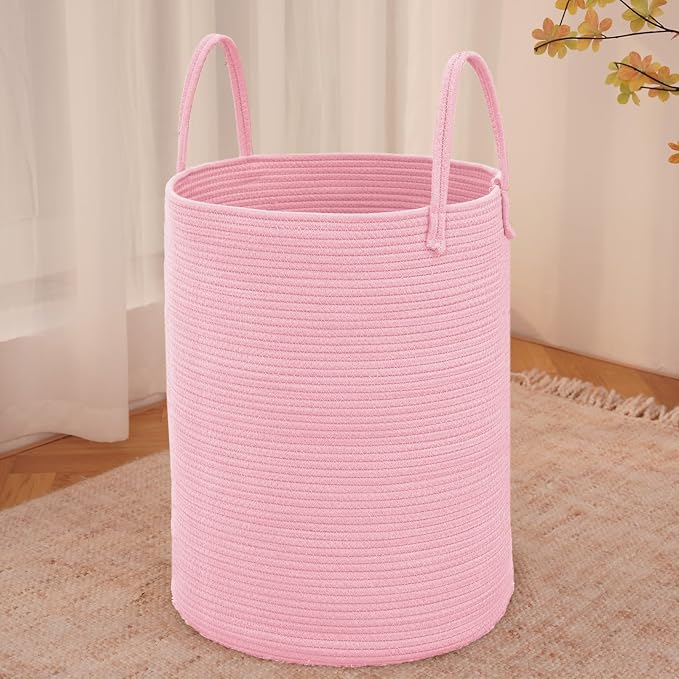 JMvicyroam 60L Cotton Rope Laundry Basket Hamper, Pink | Collapsible laundry basket, reinforced handles, freestanding, machine washable, holds 3-5 thick blankets, clothes or toys