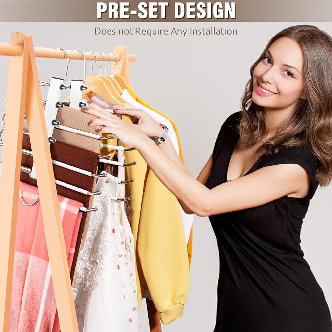 HUITEM Space Saving 6 Tier Pant Hangers, Anti-Slip, Lightweight, Stainless Steel, 2 Pack, White
