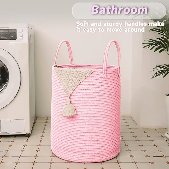 JMvicyroam 100L Cotton Rope Laundry Basket Hamper, Pink | Collapsible laundry basket, reinforced handles, freestanding, machine washable, holds 3-5 thick blankets, clothes or toys