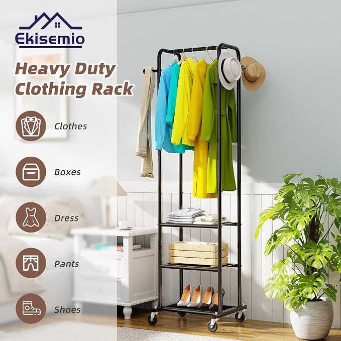 Ekisemio Heavy Duty Clothing Rack with Wheels, Modern Garment Rack with 3 Metal Shelves, Black