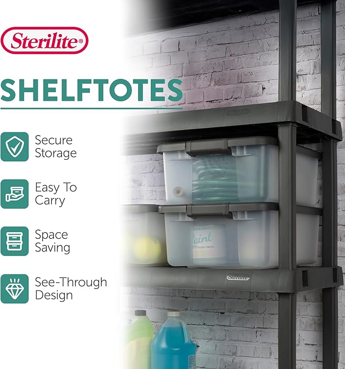 Sterilite 18-Pack Plastic Storage Bins w/ Lids, Shelf Totes Clear Containers, 25 Qt, Gray