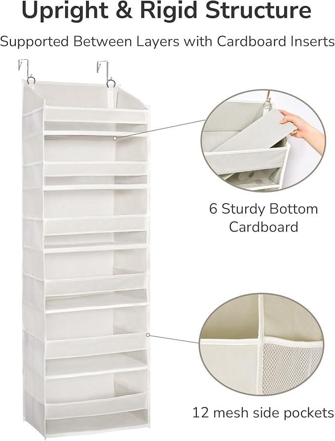 ULG Over The Door Organizer with 6 Large Pockets 12 Side Pockets, 50lbs Weight Capacity Door Hanging Organizer for Bedroom, Bathroom, Pantry, Nursery Storage, Beige