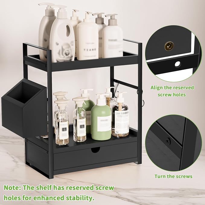 2-Tier Bathroom Counter Organizer, Wooden Vanity Shelf with Drawer & Basket | Pre-Drilled Holes, Skincare & Makeup Countertop Organizer and storage, Black