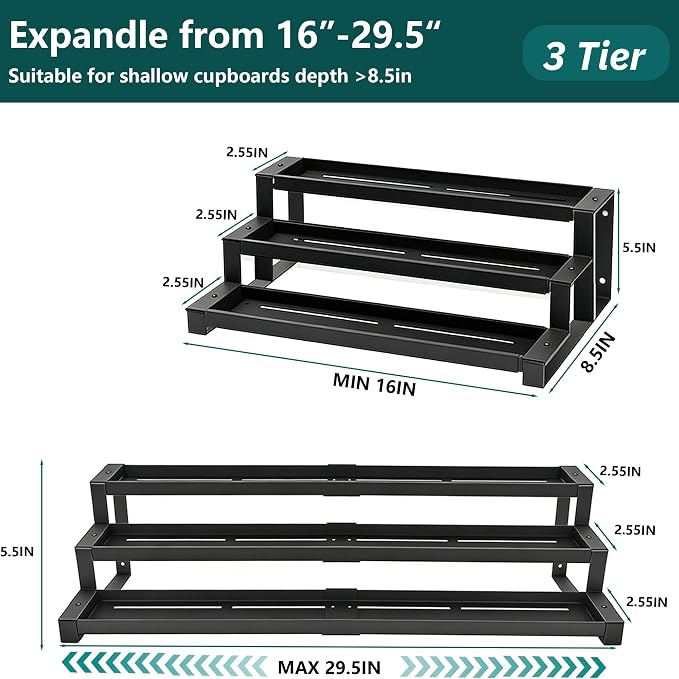 bealy Expandable 3-Tier Spice Rack Organizer for Cabinet, Adjustable Length 16“-29” Spice Shelf, Metal Spice Organization for Cabinet Countertop Pantry, Slip-Resistant Design for Jars and Bottles