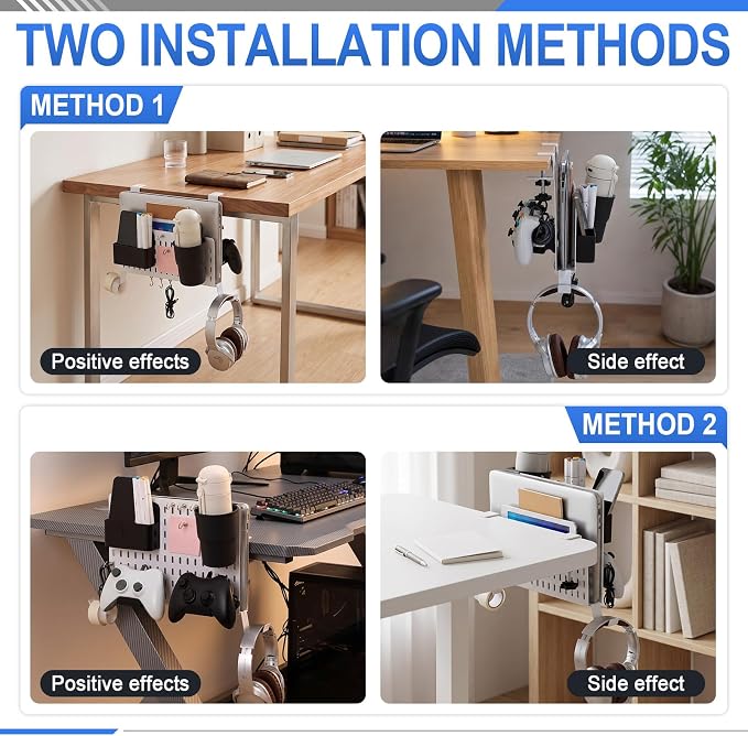 Desk Side Storage Organizer Set No Drill Under Desk Laptop Stand Organizer with Cup Pen Holder Headphone Hanger and Magnet Hook for Office Home Table Fits Edge 0.2" to 2.2"(Classic,White)
