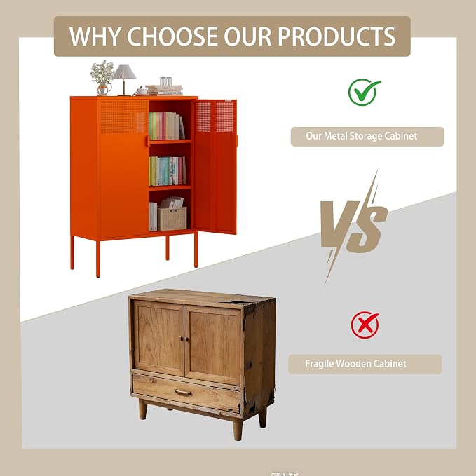 3-Tier Metal Storage Cabinet with 2 Adjustable Shelves & Mesh Doors | Metal Locker Accent Cabinet with Legs, Orange Storage Cabinets, Metal TV Stand Cabinet for Home Office, Entryway & Hallway