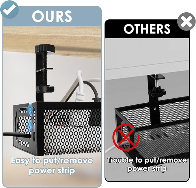 Cable Management, 25'' Cable Management Under Desk, Cable Tray | No Drill Under Desk Cable Management Tray, Cord Organizer with Clamp for Standing Desk, Desk Organizer for Home Office