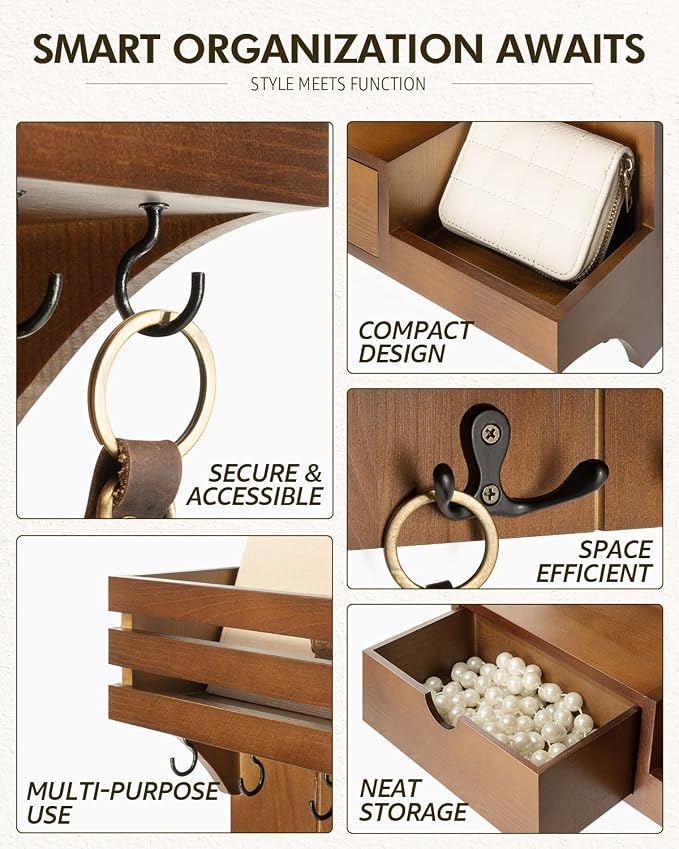 Rebee Vision Key Holder Wall Mount with Drawer Organizer for Entryway,Brown | Key Holder for Wall , 9 Sturdy Key Hooks, Floating Shelf, Plant Display, Drawer Organizer, Mail Sorter, Home Decor Storage