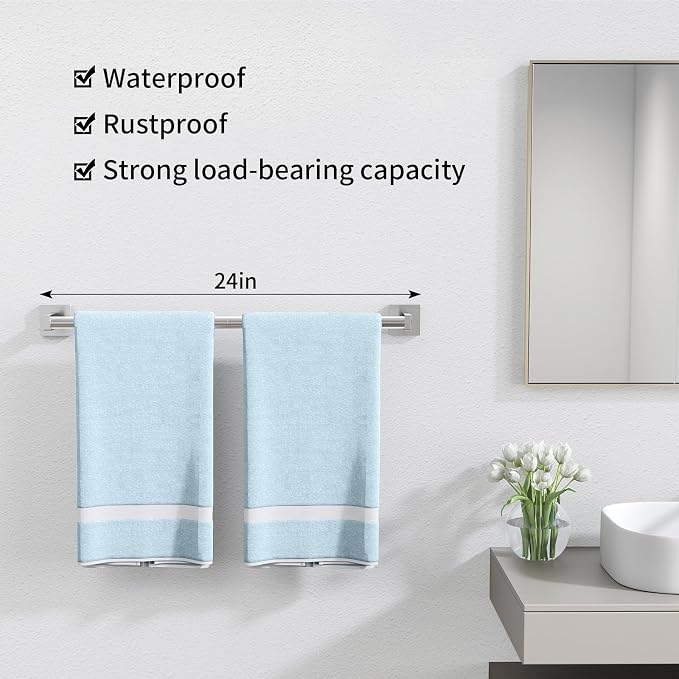 MKO Towel Bar for Bathroom, 24" Wall Mounted Towel Rack, Brushed Nickel | Hand Towel Holder Rod with Heavy-Duty Stainless Steel for Bathroom Kitchen Hanger, 2 Pack Value
