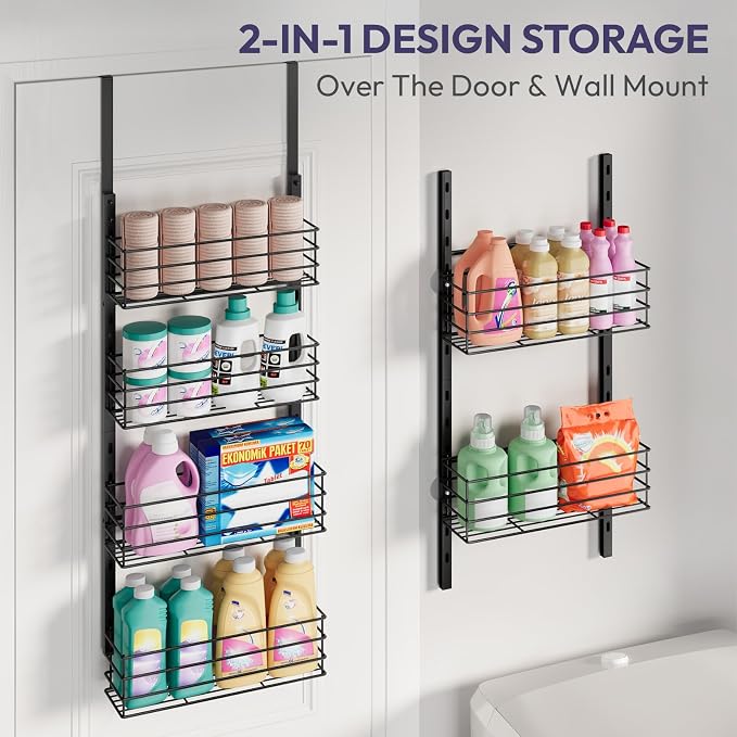 SWTYMIKI Over The Door Organizer - Door Organizer Hanging with 6 Adjustable Metal Large Capacity Basket, Wall Mounted Shelf for Bedroom Closet Bathroom Laundry Pantry Cabinet Kitchen(Black)