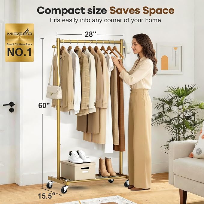 MISSLO Heavy Duty Clothes Racks for Hanging Clothes 25mm Metal Gold Clothing Rack with Shelves for Storage Rolling Garment Rack with Wheels for Bedroom, Laundry, Gold, 28" x 15.5" x 60"