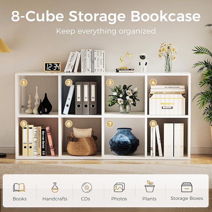 COMHOMA 8 Wood Cube Storage Organizer with Open Back and Removable Back Panels, 11In White Cube Storage Bookshelf, Cubicle Shelf Bookcase for Home Office Bedroom Living Room, Vertical or Horizontal