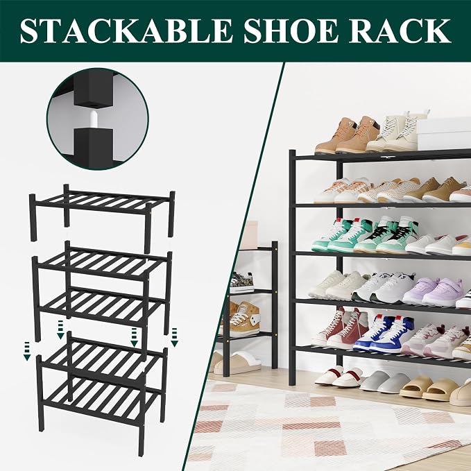 Smiry Bamboo Shoe Rack, 12 Vertical Slats, 6 Tier - 33.7" Wide, Black | Stackable Free Standing Wooden Shoe Organizer, Wood Shoe Storage Shelf for Closet, Entryway