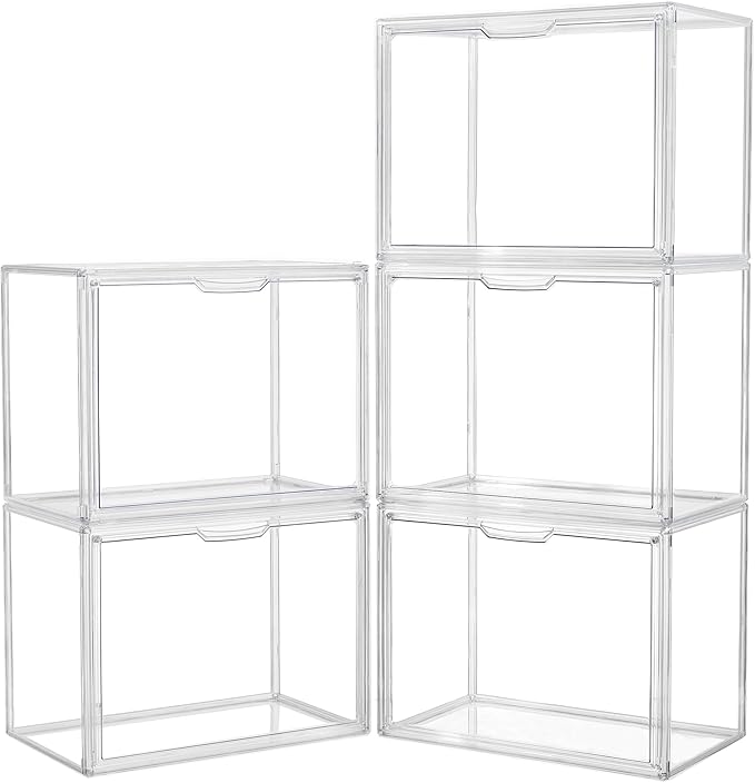 LXLXXL Acrylic Box Display Case, 5-Pack XL Stackable Storage Bins with Lid | Stackable Storage Bin X-Large 5 Pack, Clear Acrylic Display Case With Magnetic Lid, Dustproof Showcase for Figures Cosmetics