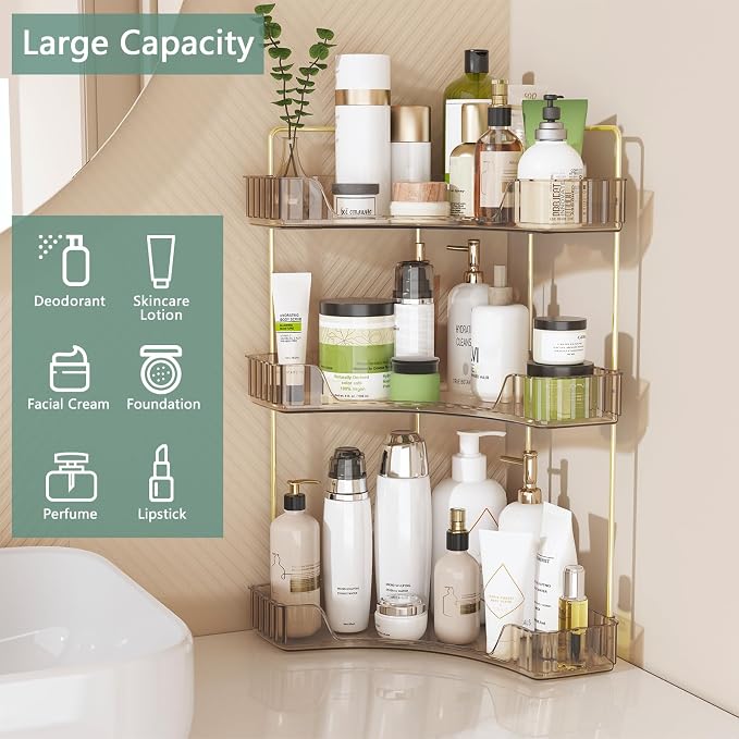 Webetop 3 Tier Corner Bathroom Organizer Countertop for Skincare & Dresser | Multi-Purpose For Toiletries/Perfume, Easy Wipe-Clean Surface, Stable Triangular Base, Generous Shelf Depth, Modern Look