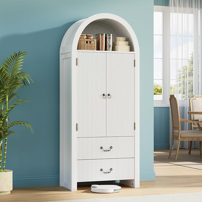 FURSUN 71" Tall Fluted Arched Cabinet Set of 2, Wood Pantry Storage Cabinet with 2 Large Drawers, Modern Versatile Bookcase for Living Room, Kitchen, Dining, White