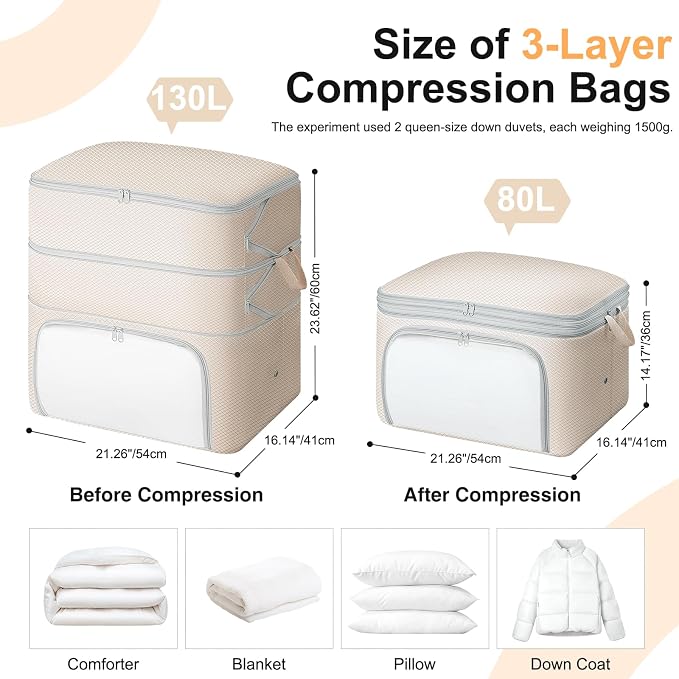 Comforter Storage Bag - 130L Blanket Storage Bags Front-opening Ultra Space Saving Self Compression Organizer, Washable Compression Bags for Storage Comforter Blanket, 1 Pack, Beige
