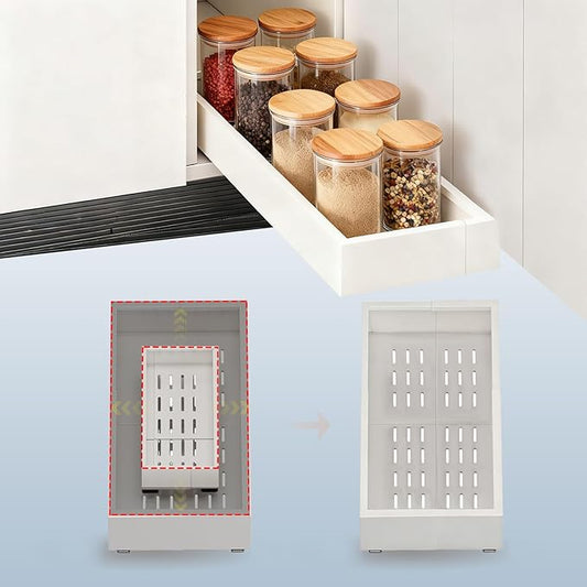 Pull out Cabinet Organizer,Width (7"-11") and Depth (17"-24") Expandable,No Drill Adjustable Slide out Drawers for Kitchen,Pantry,Adhesive Roll out Shelves,for Cabinets Without Lip,White
