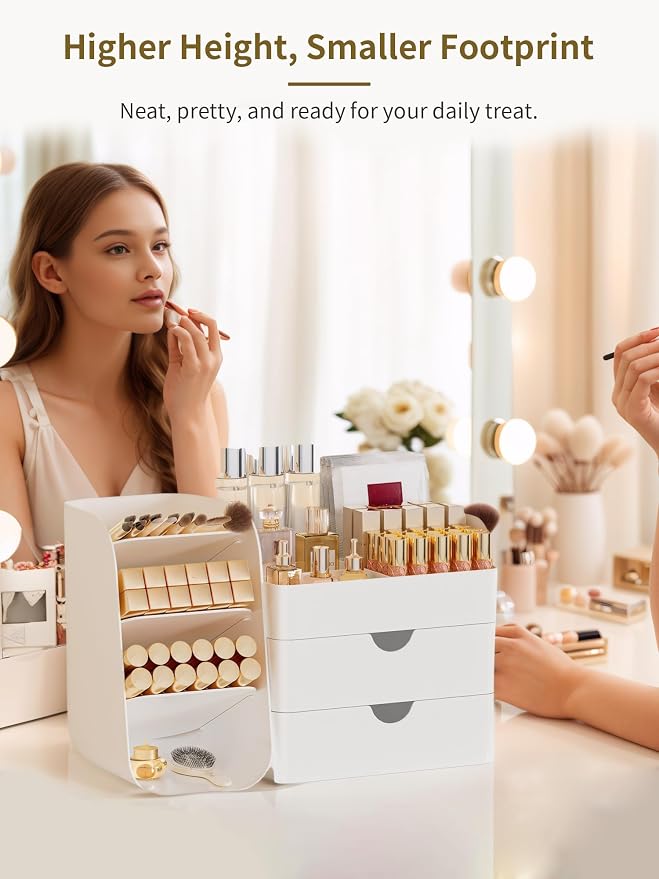 Booklov Small Makeup Organizer for Vanity Countertop, White | Plastic Cosmetic Display Case with Drawers, Beauty Brush Holder for Bathroom Counter, Skin Care Perfumes Storage