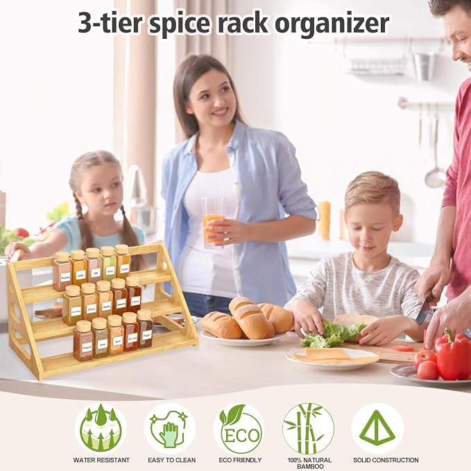 Premium Spice Rack - 3 Tier Bamboo Spice Rack Organizer - Spice Organization for Kitchen Cabinet/Countertop