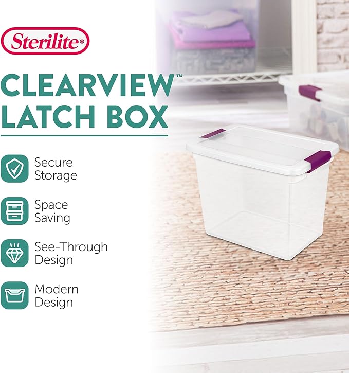 Sterilite ClearView Latch Boxes, Storage Bins with Lids, 27 Quart, 12-Pack | Clear Plastic Organizers with Color Accent Latches for Closet, Bedroom, Shelving Units, Dorm Room and Home Organization
