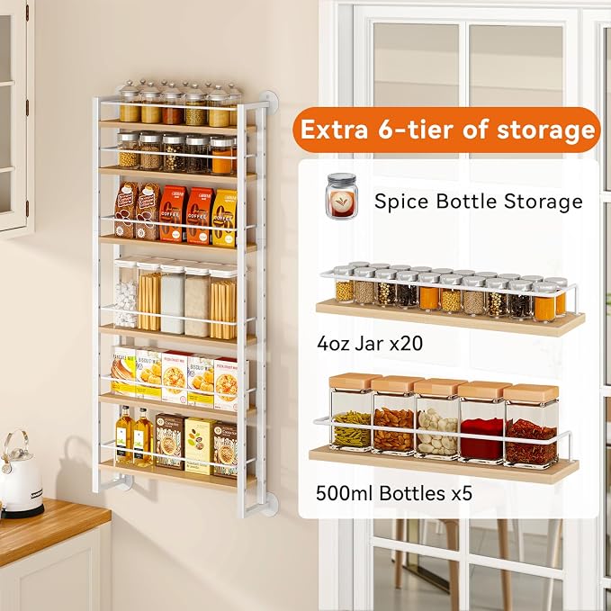 IBUYKE Over the Door Spice Organizer,Door or Wall Mount,Natural TLJ028R | 6 Tier Wall Mounted Spice Rack Adjustable Hanging Storage Shelves Spice Organization for Kitchen cabinet Bathroom Closet
