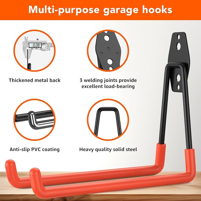 42-Pack Heavy Duty Wall Mount Garage Hooks | Hanging Storage For Ladders, Hoses, Bikes, Garden Tools, Ropes; For Yard, Warehouse, Workshop, Shed, Shop